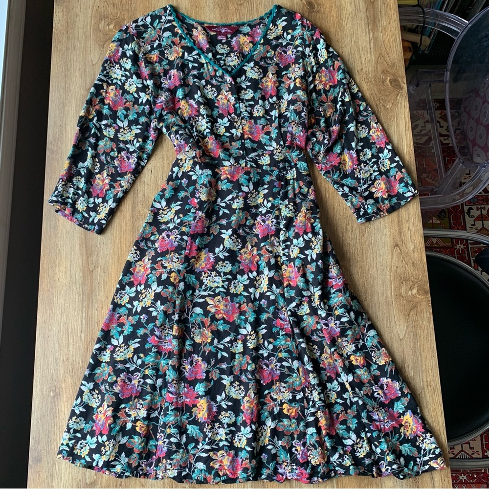 April Cornell Black Floral Midi Dress with Pink, Teal and Yellow Accents